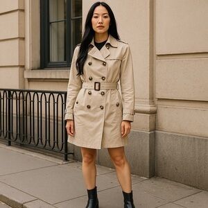 Classic Tan Trench Coat with Structured Shoulders and Belted Waist